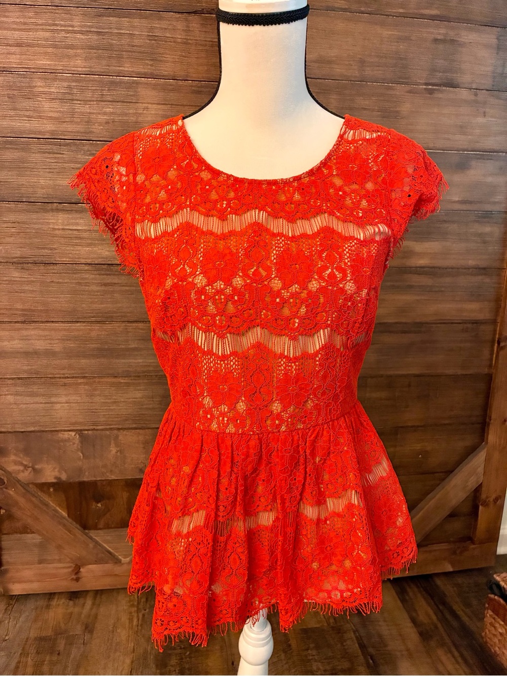 Maeve Orange-Red Lace Peplum Tunic Top